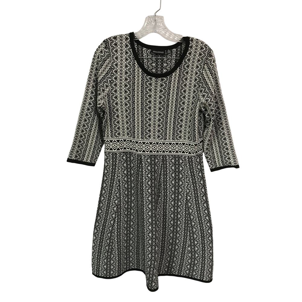 Nina Leonard Dress Medium Women Sweater Black White Geometric Jacquard Fit Knit